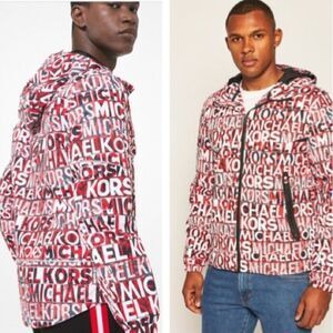 MICHAEL KORS MENS Graphic Logo Print Hooded Jacket Medium
